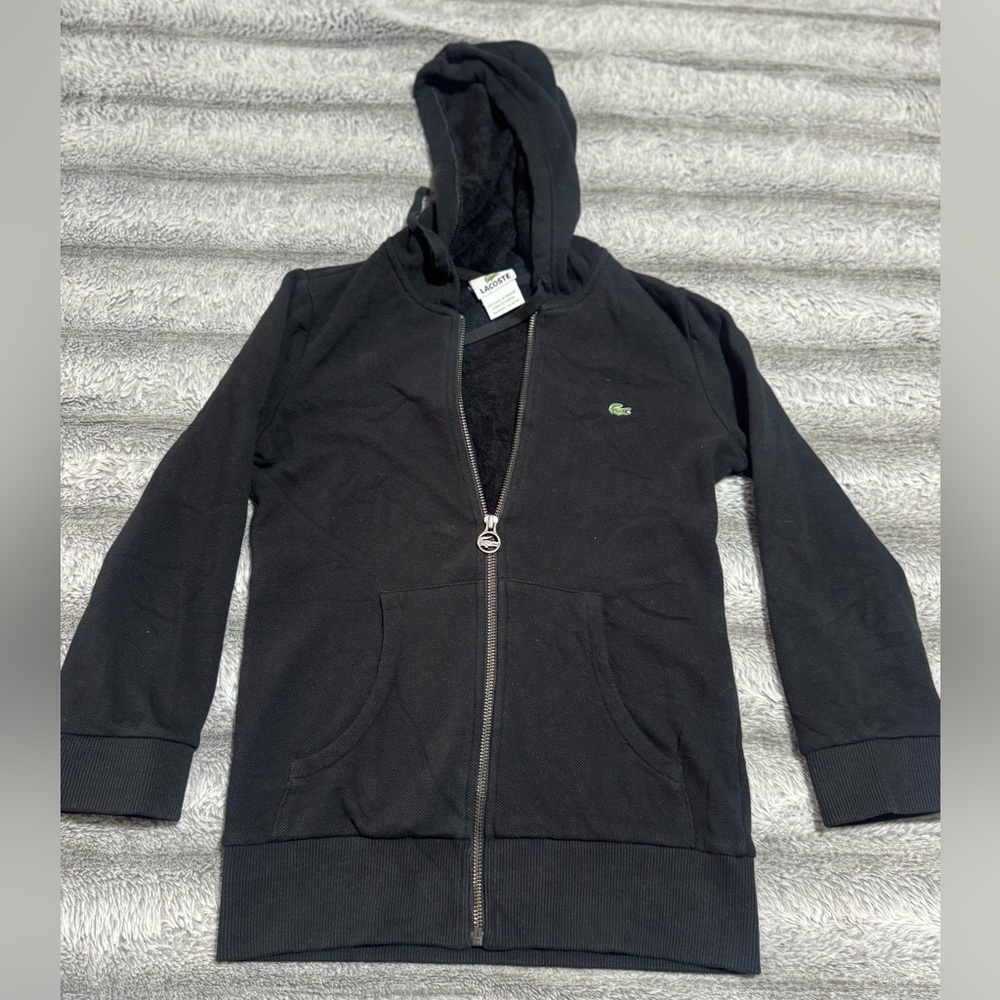 Lacoste Black Zip-Up Hoodie Sweater with Green Croc Logo